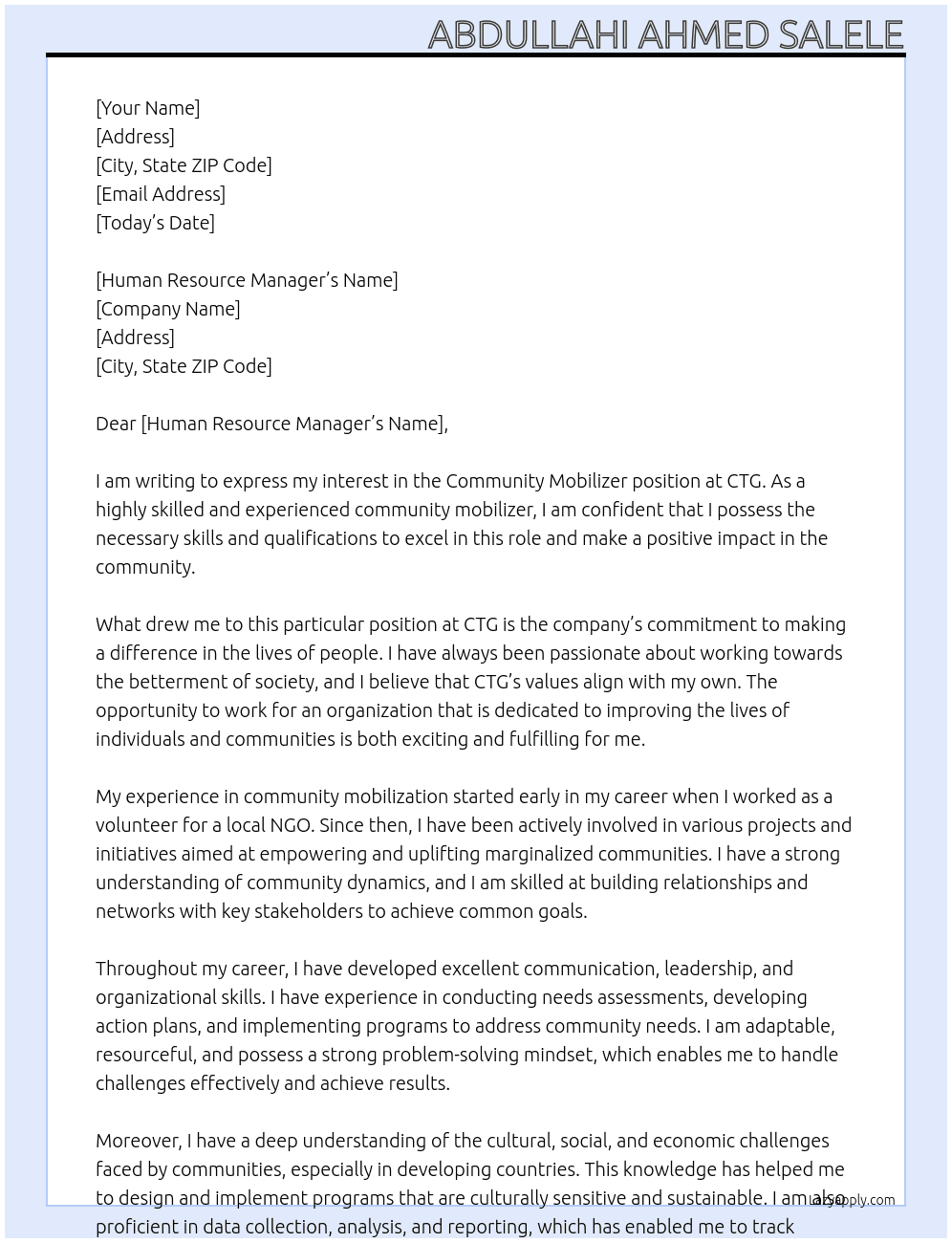 community moblizer At CTG Cover Letter