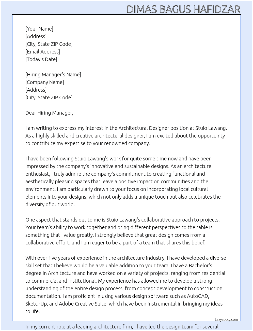 Architectural Designer At Stuio Lawang Cover Letter