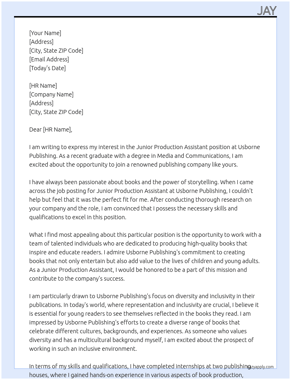 Junior production assistant At Usborne Publishing Cover Letter