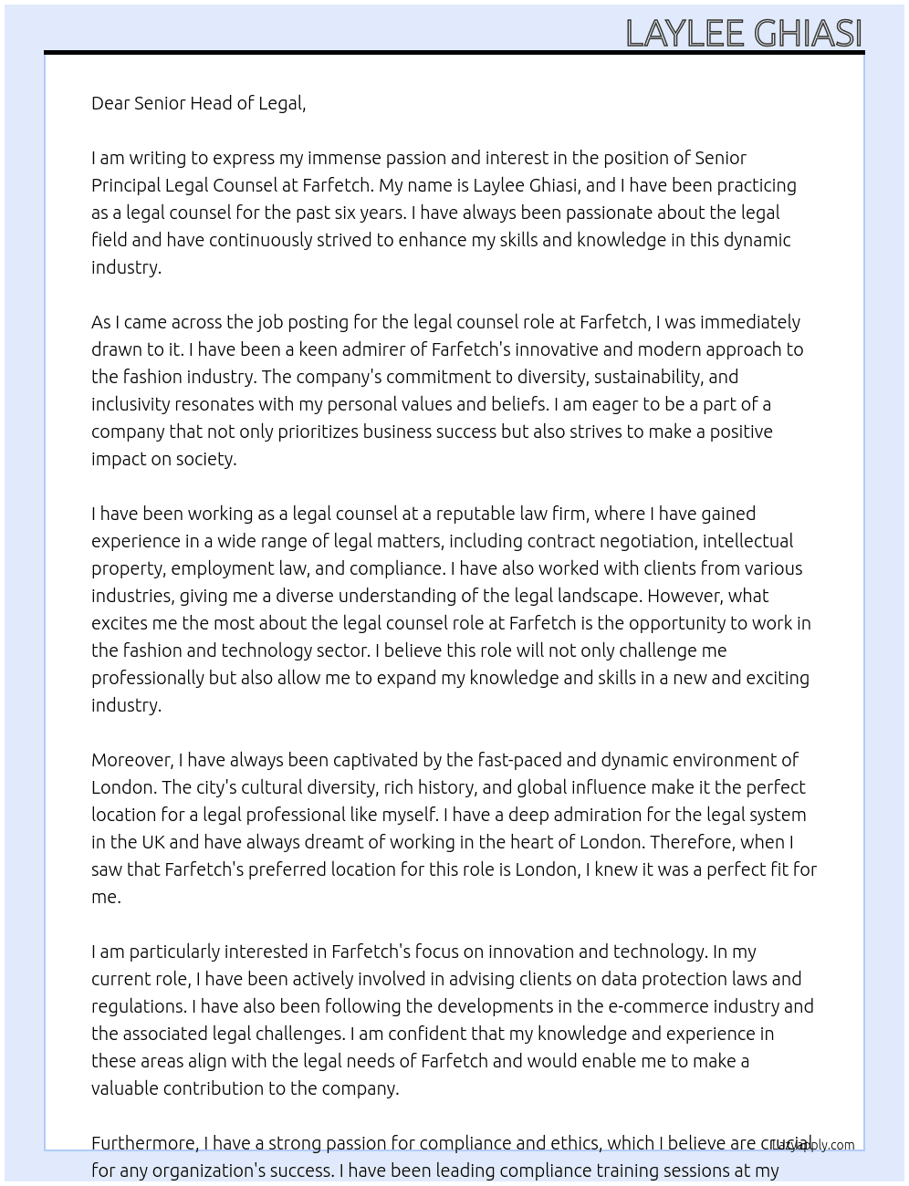 senior principal legal counsel At Farfetch  Cover Letter