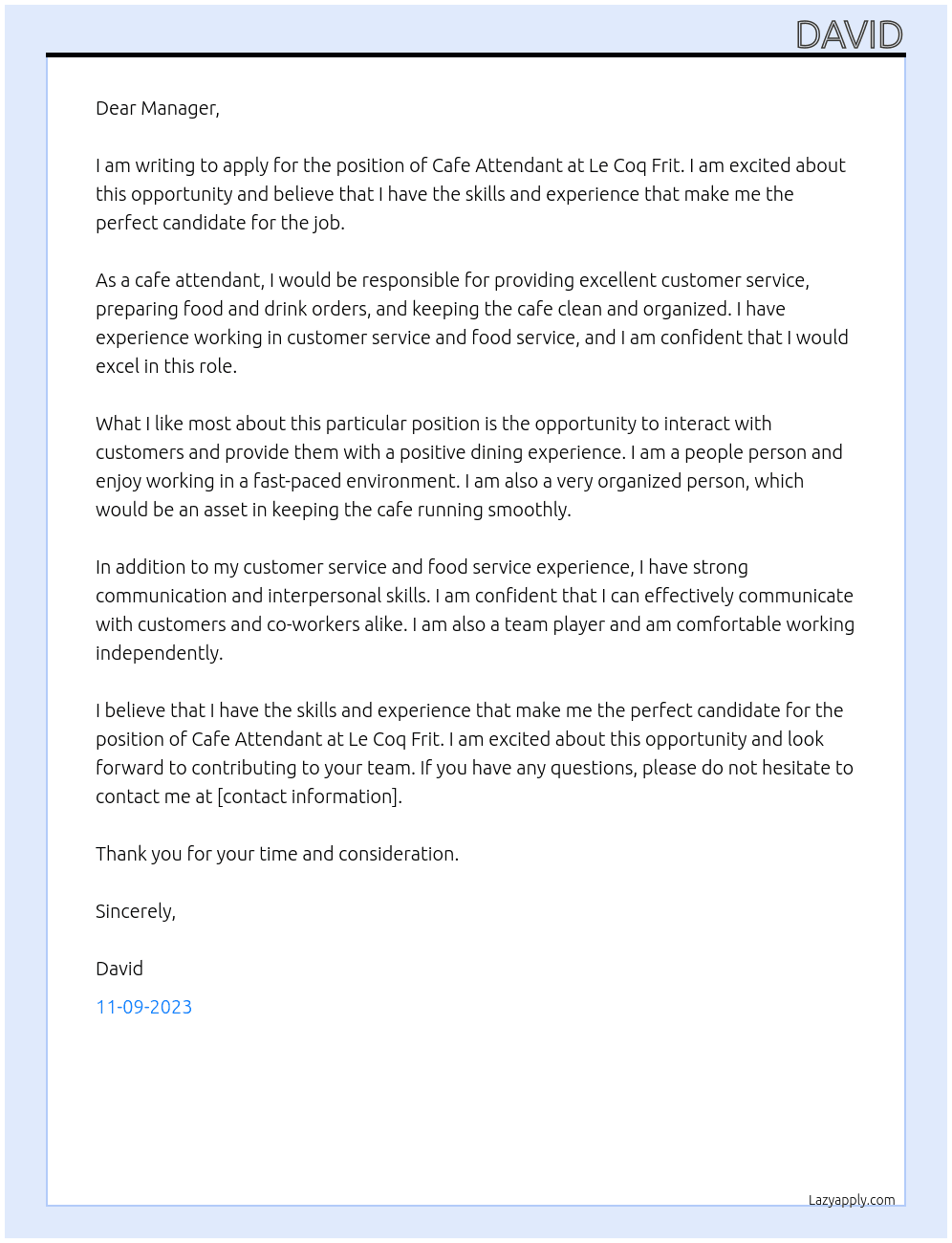 Cafe Attendant At Le Coq Frit Cover Letter