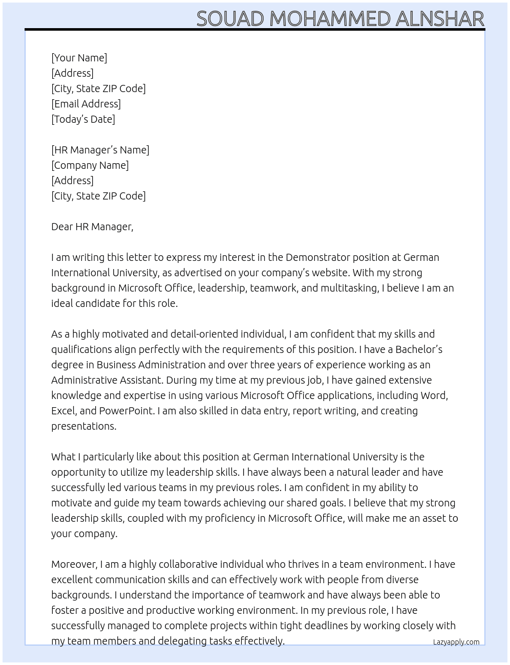 Demonstrator At German International University  Cover Letter