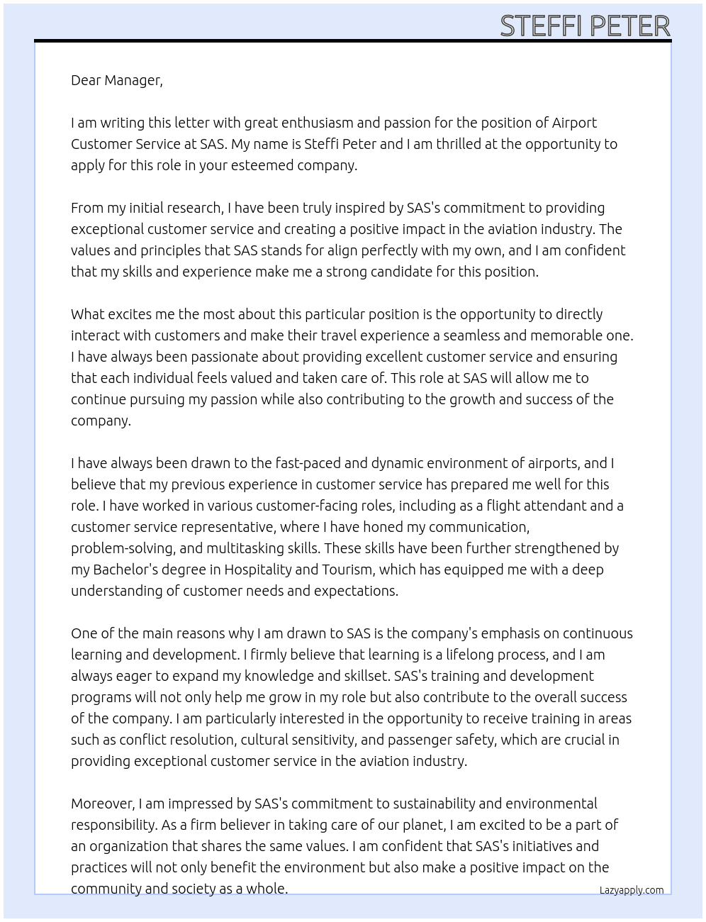airport customer service At sas Cover Letter