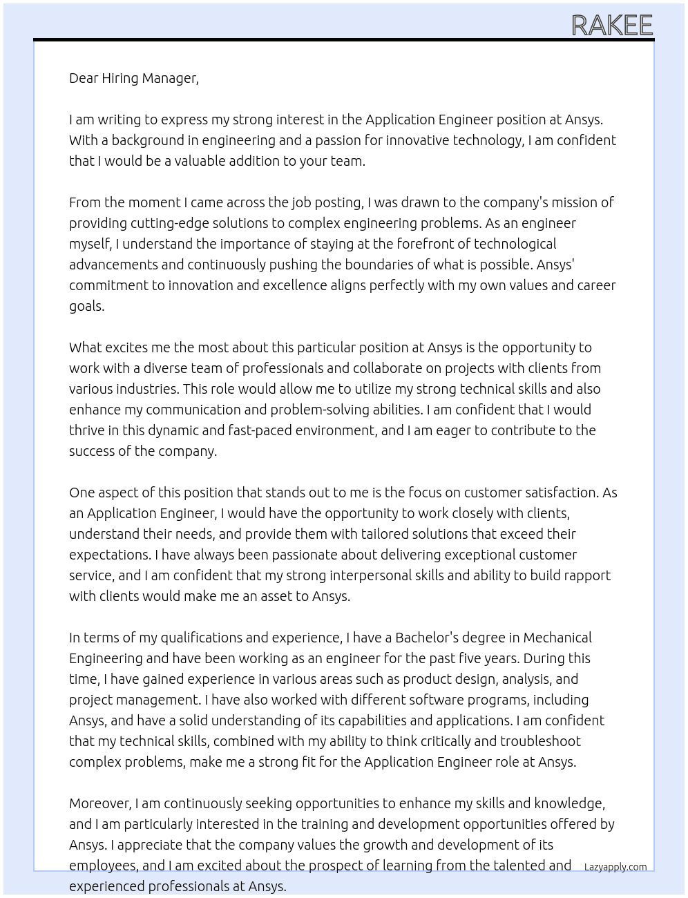 Application Engineer At Ansys Cover Letter