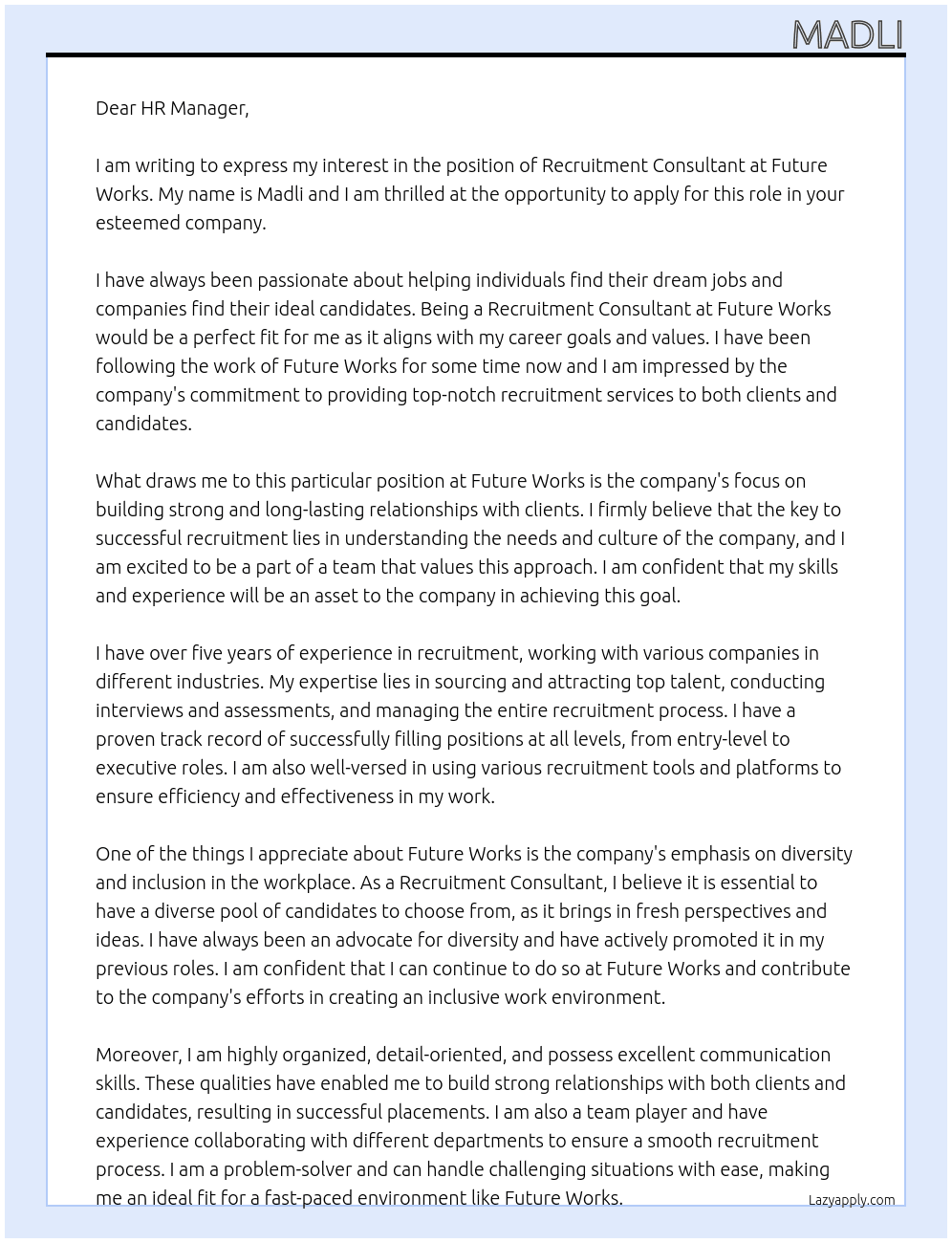 Recruitment Consultant At Future works Cover Letter