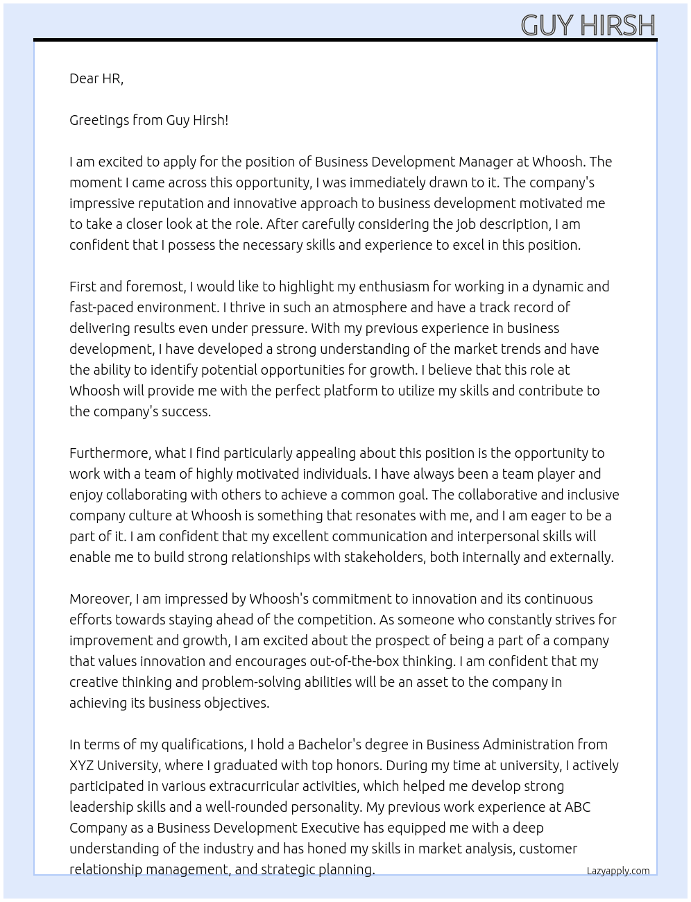 Business Development Manager At Whoosh Cover Letter