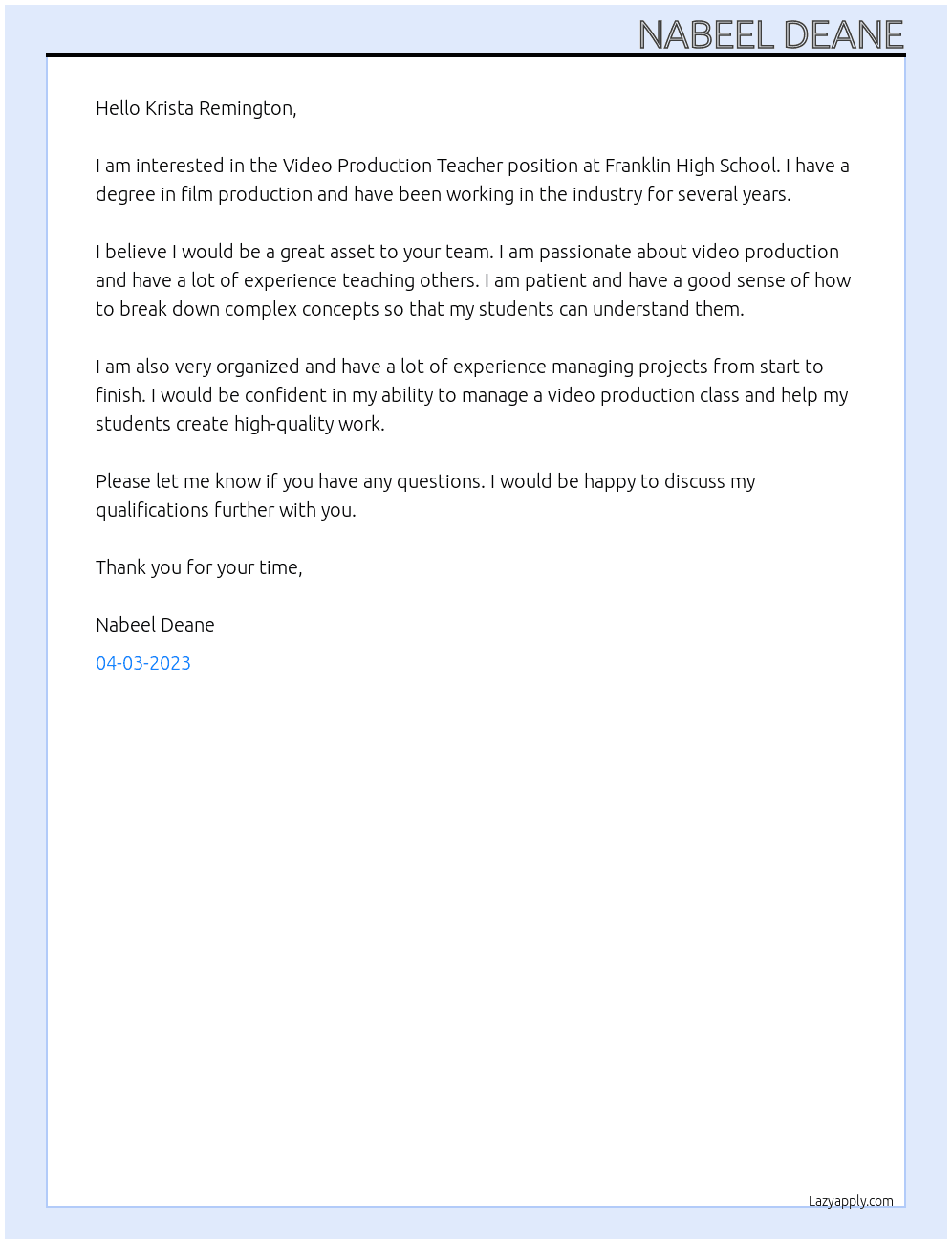 Video Production Teacher At Franklin High School Cover Letter