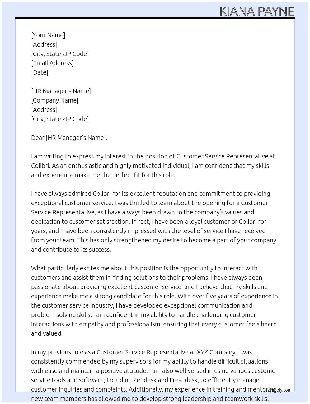 customer service representative At Colibri Cover Letter