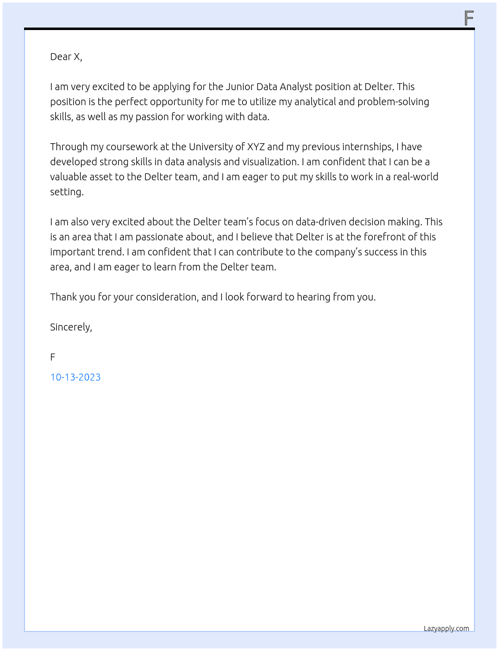 Junior Data Analyst At Delter Cover Letter