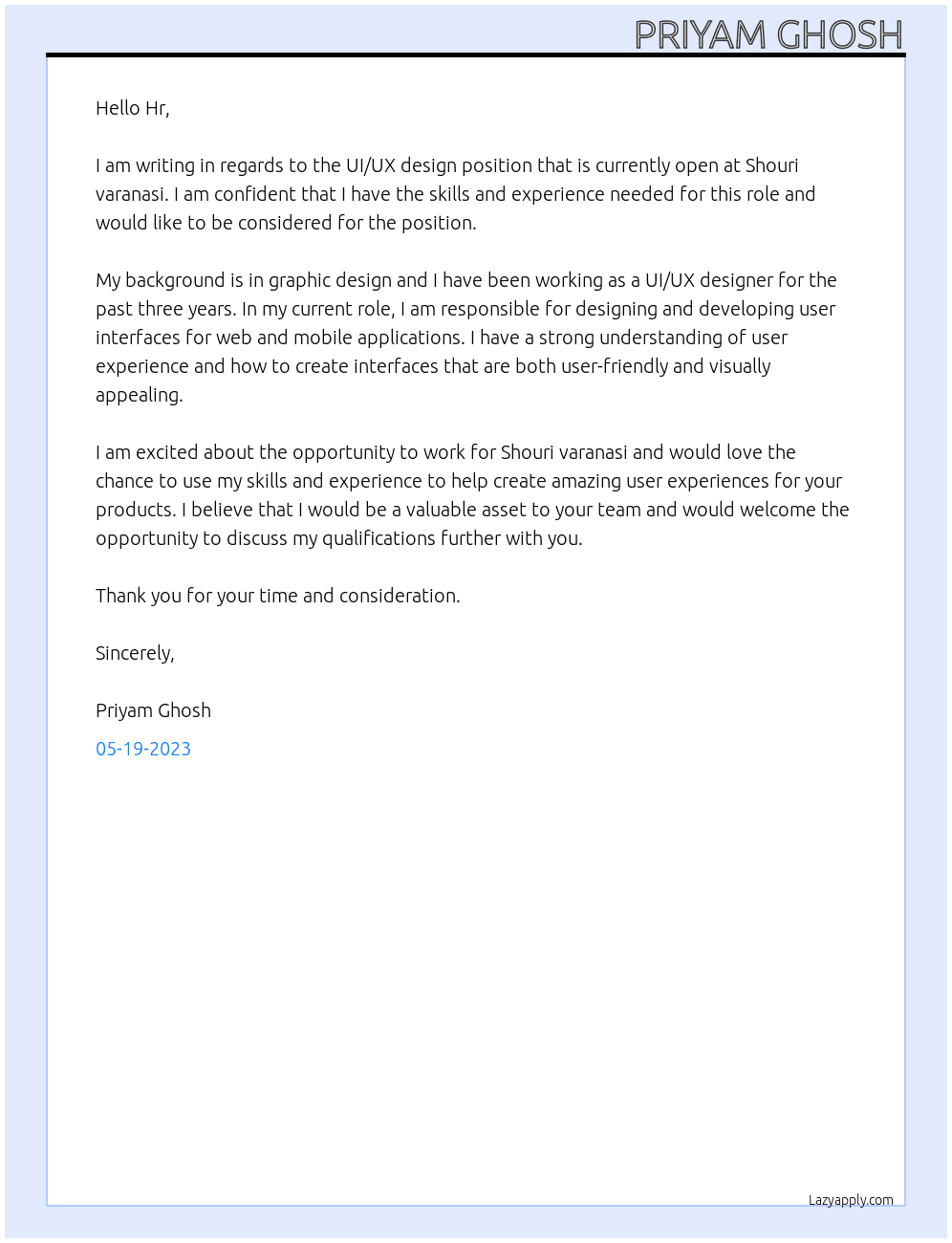 UI/UX design  At Shouri varanasi Cover Letter