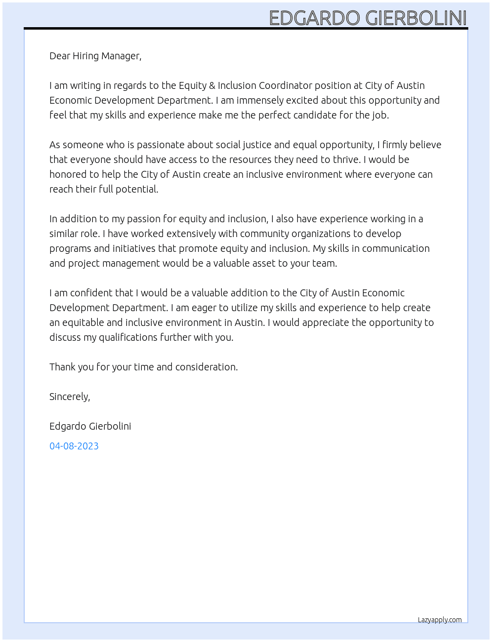 Equity & Inclusion Coordinator At City of Austin Economic Development Department Cover Letter