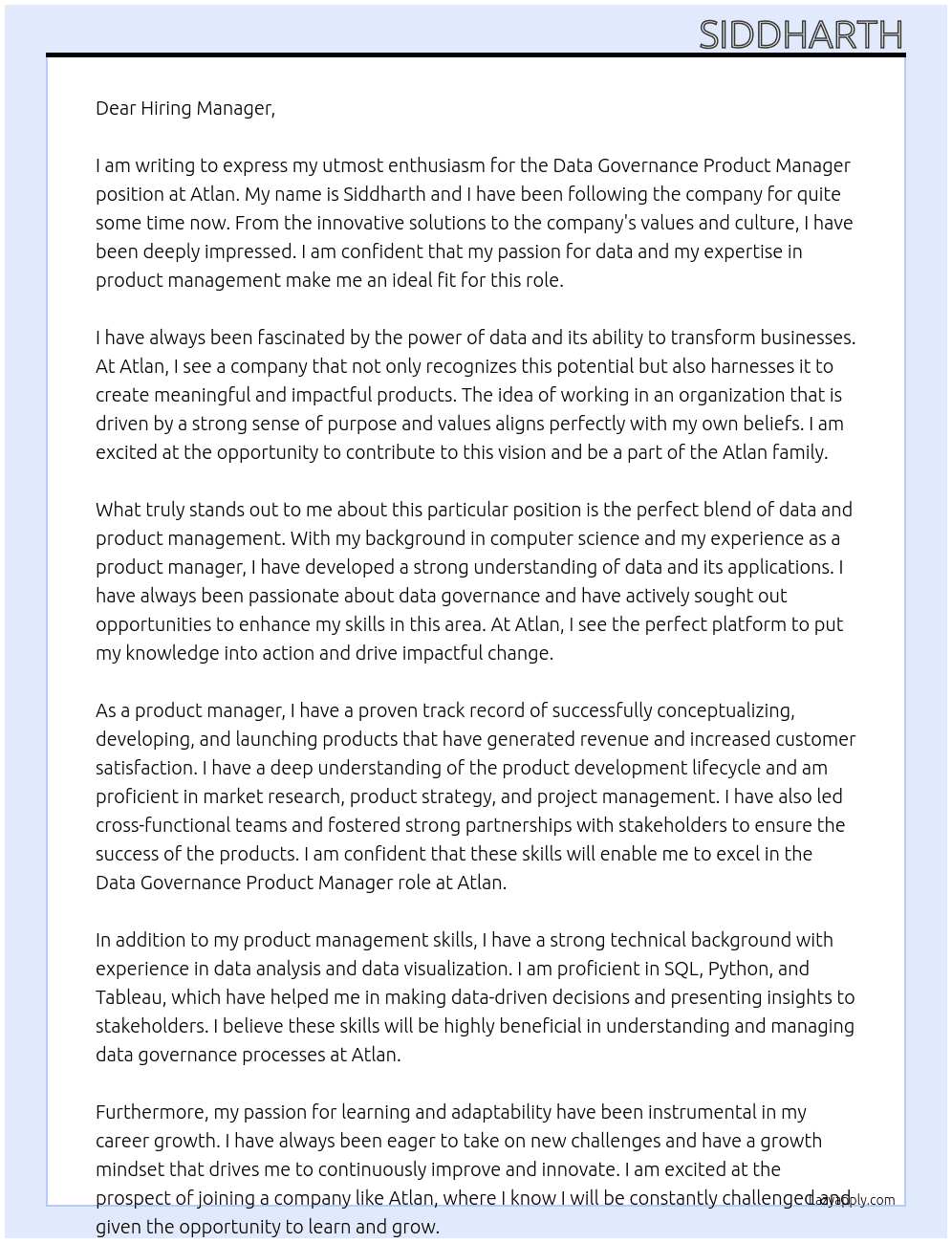 Data Governance Product Manager At Atlan Cover Letter
