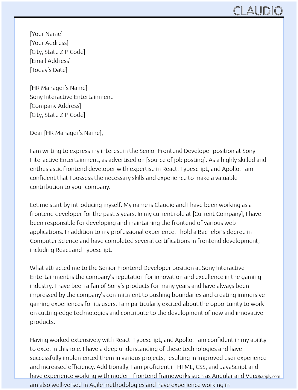 Senior Frontend Developper At Sony Interactive Entertainment Cover Letter