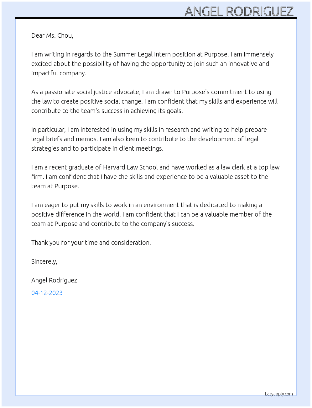 Summer Legal Intern At Purpose  Cover Letter