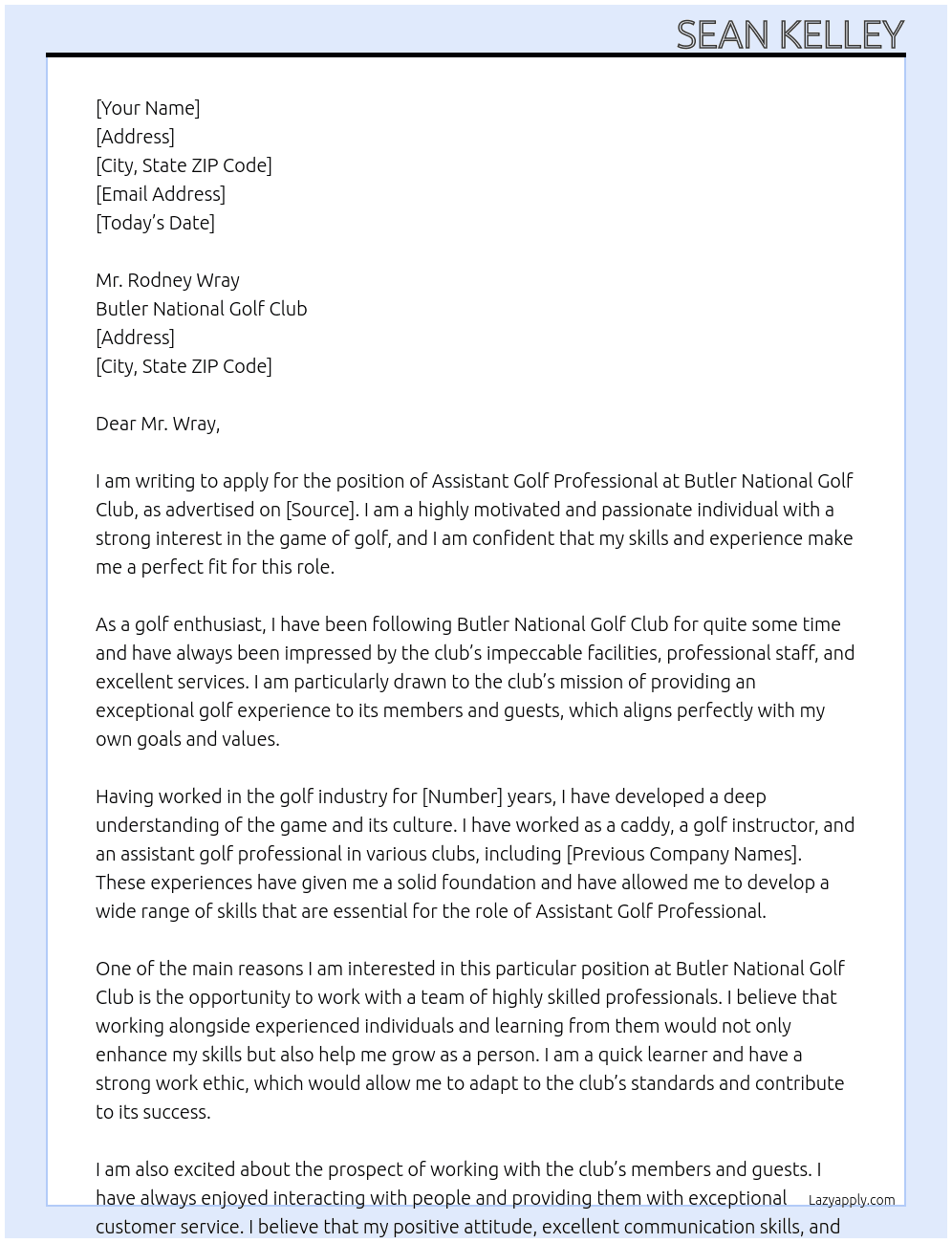 Assistant Golf Professional At Butler National Golf Club Cover Letter