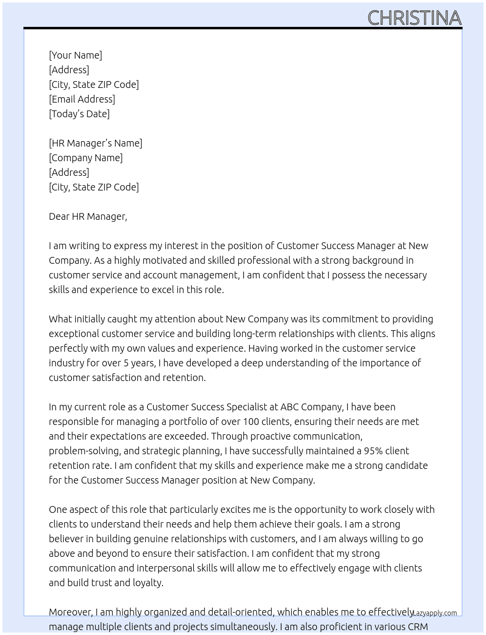customer success manaager At New Compaany Cover Letter
