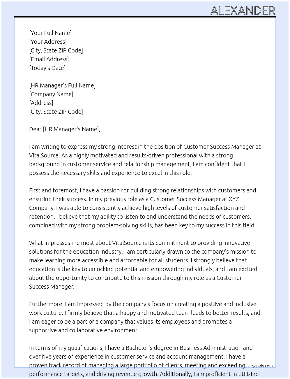 Customer Success Manager At VitalSource Cover Letter