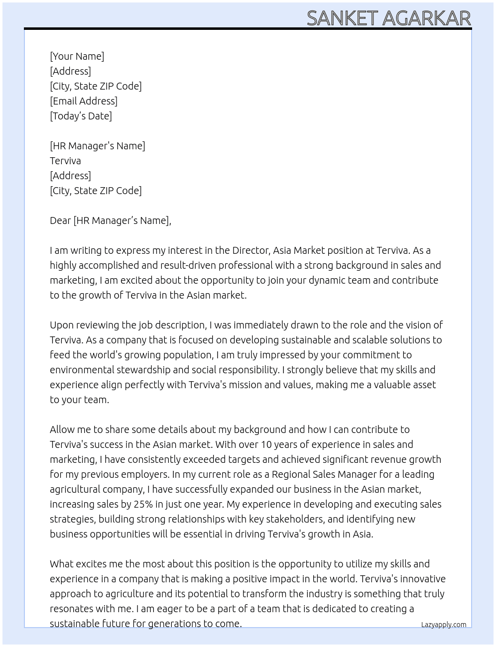 Director, Asia market At Terviva Cover Letter