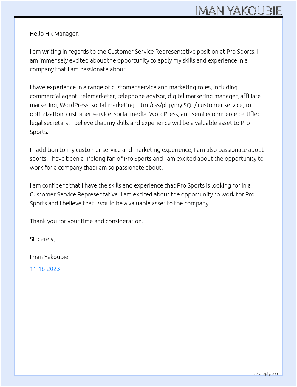 Customer service representative At Pro sports Cover Letter