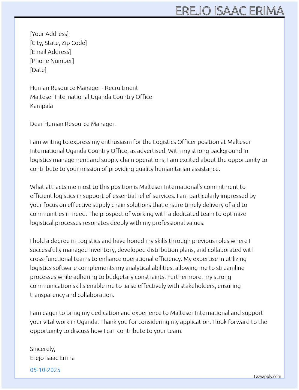 Logistics Officer  At Malteser International Uganda Country Office in Kampala  Cover Letter