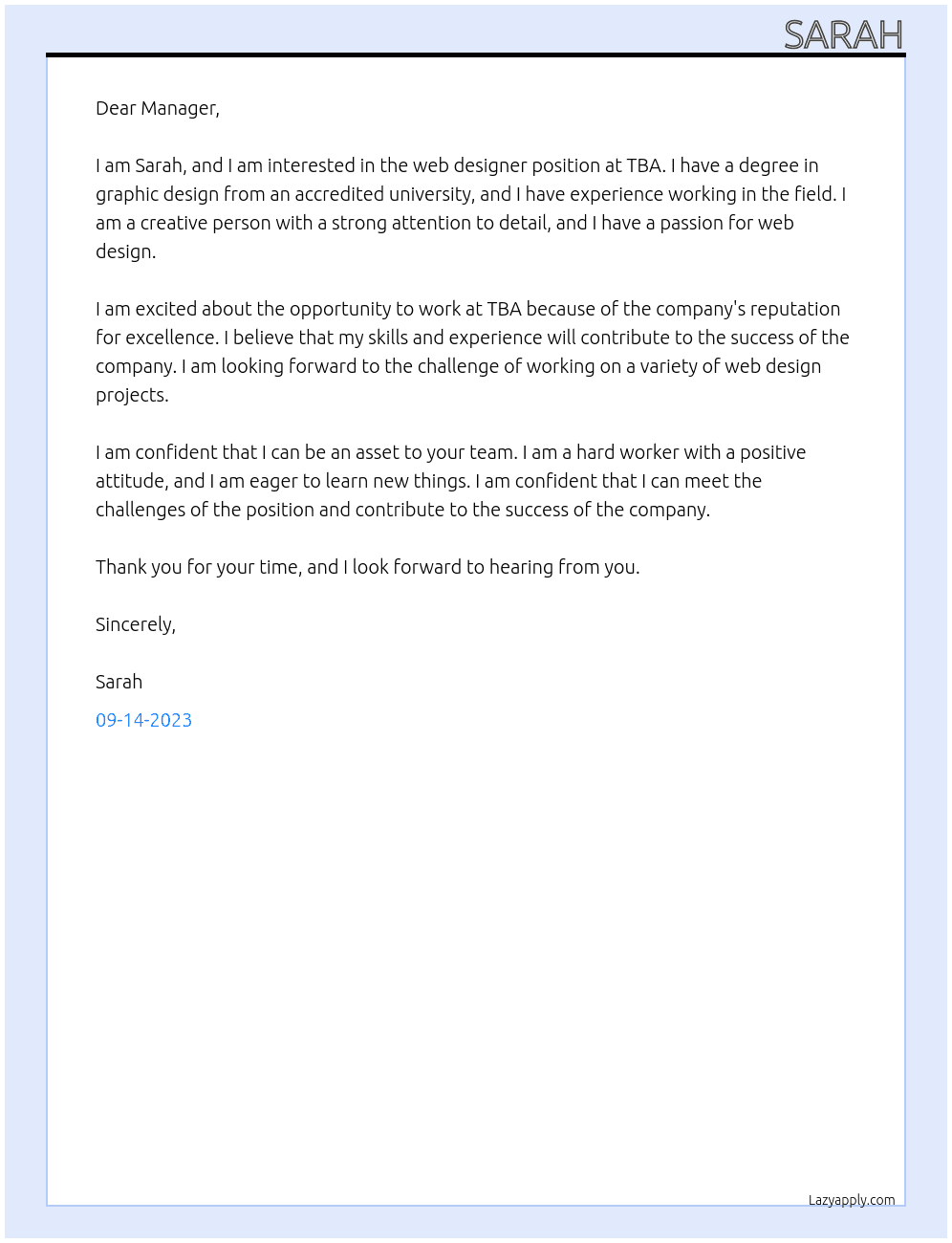 web designer At TBA Cover Letter
