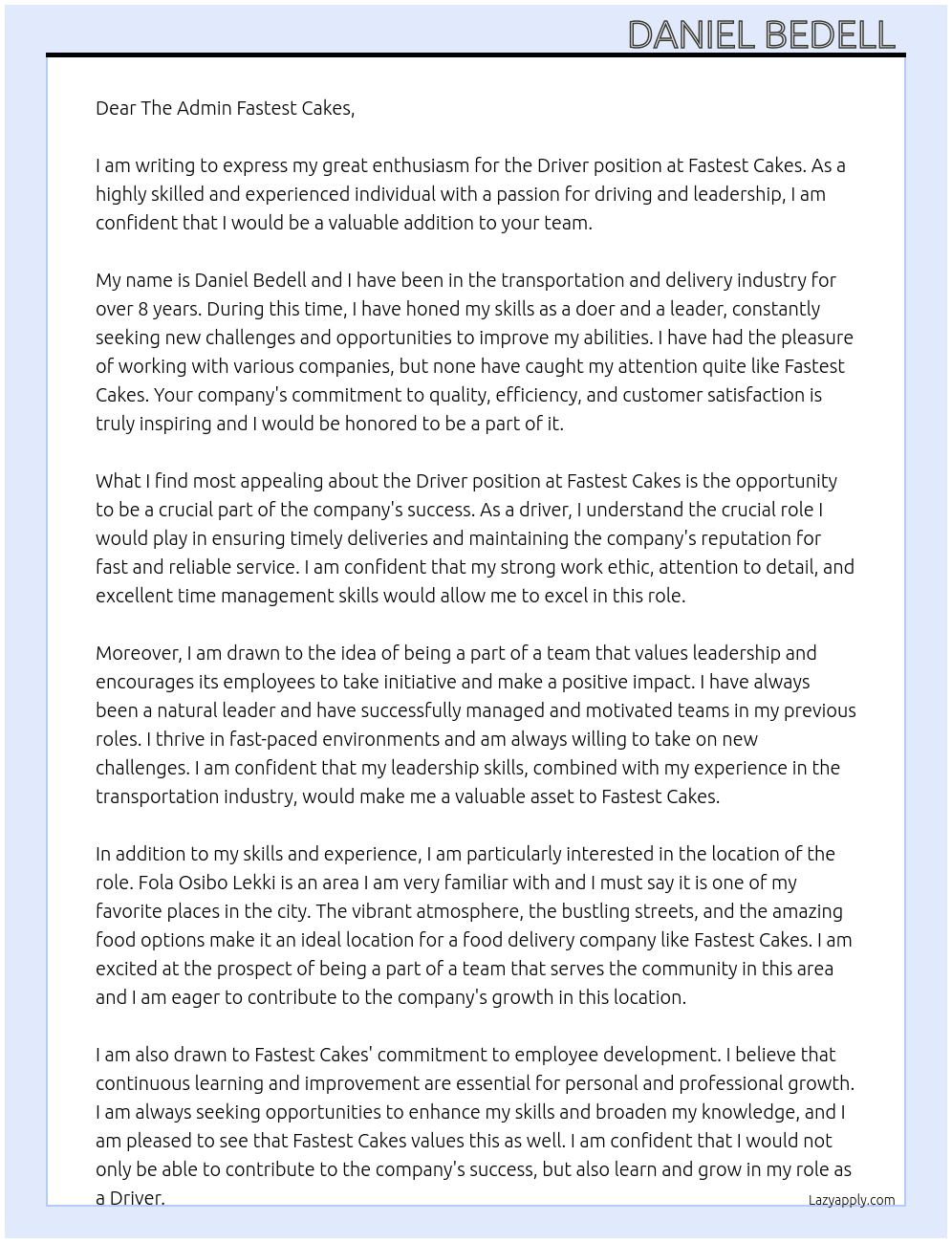 Driver  At Fastest cakes  Cover Letter