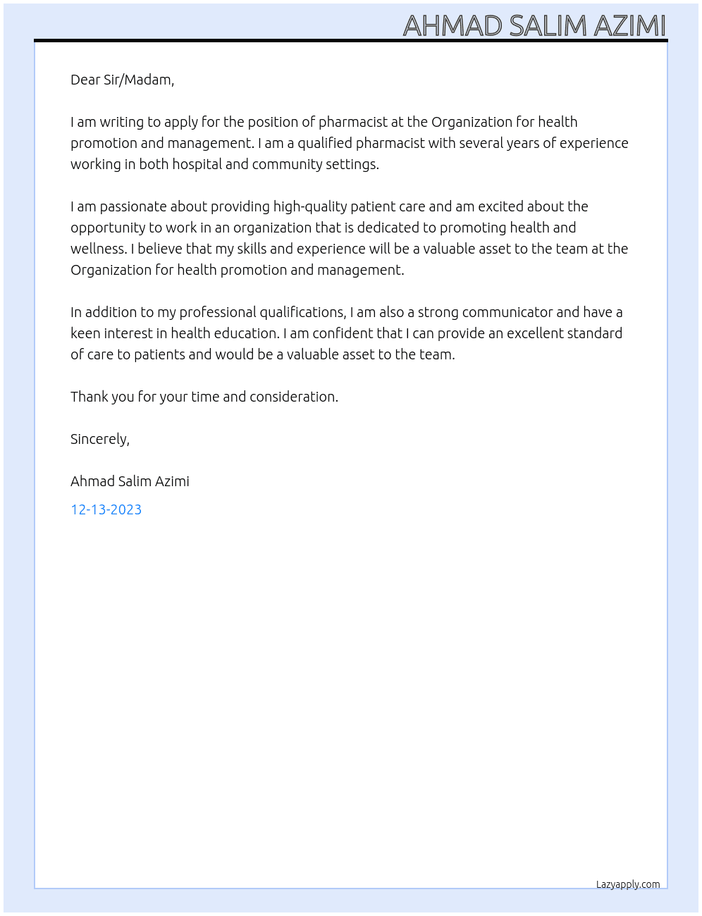Pharmacist  At Organization for health promotion and management  Cover Letter