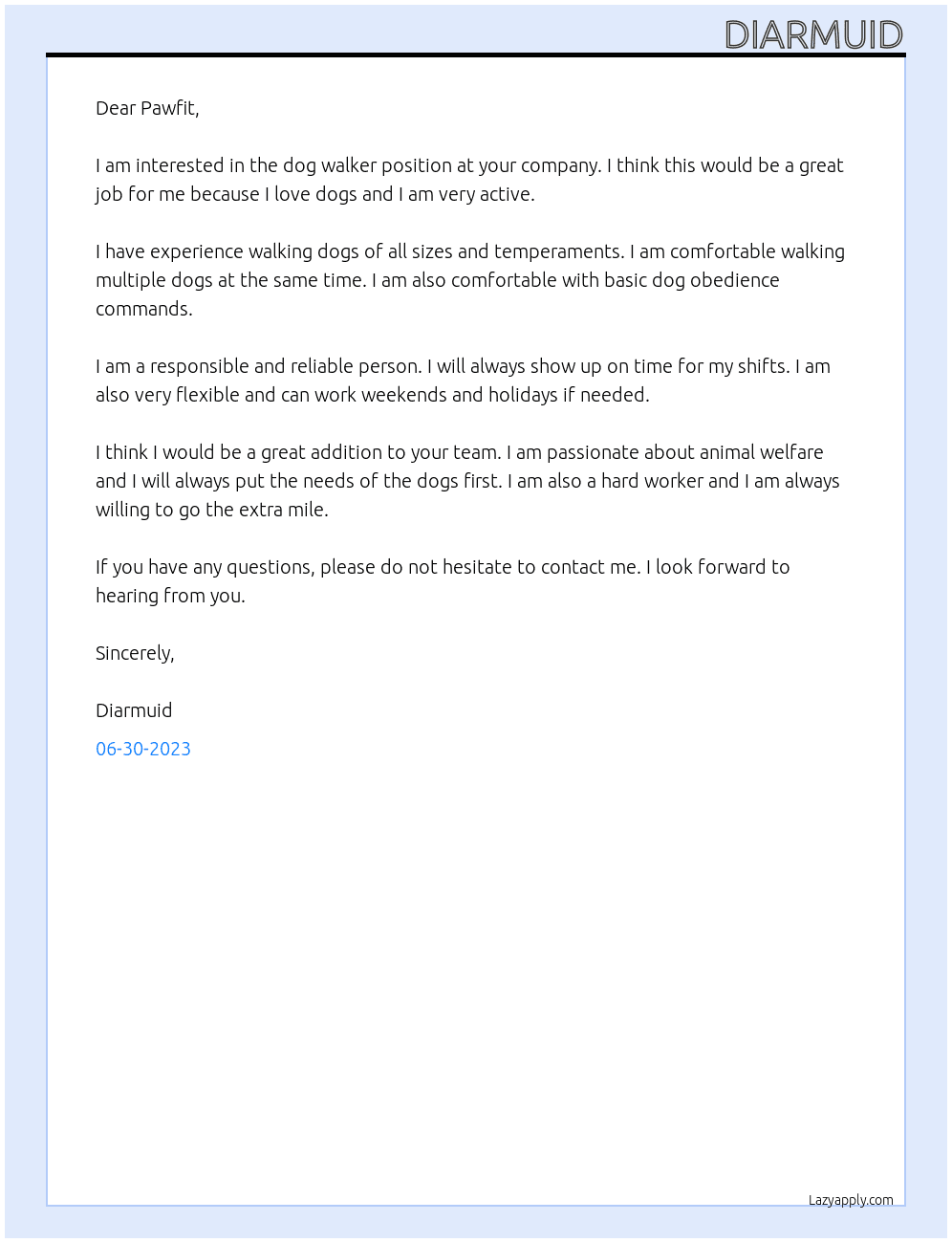 Dog walker At Pawfit Cover Letter