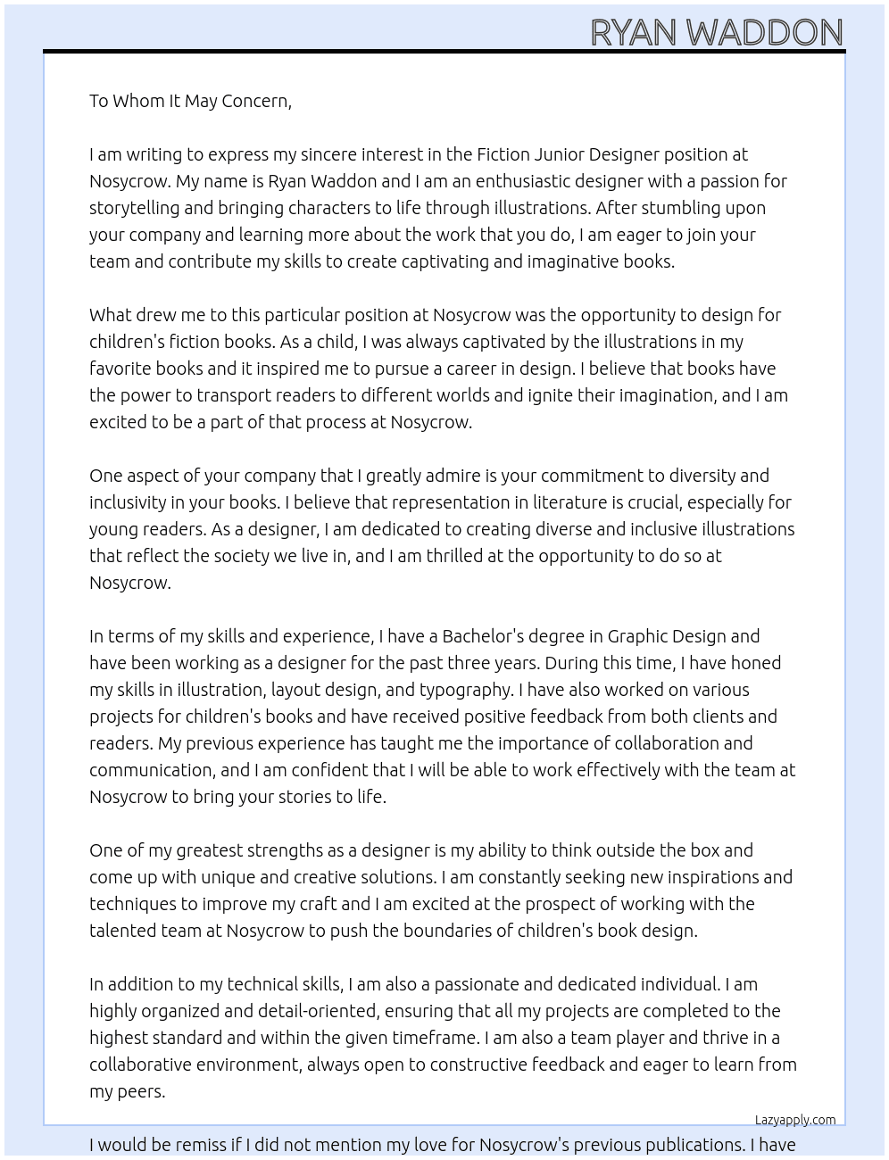 Fiction Junior Designer At Nosycrow Cover Letter
