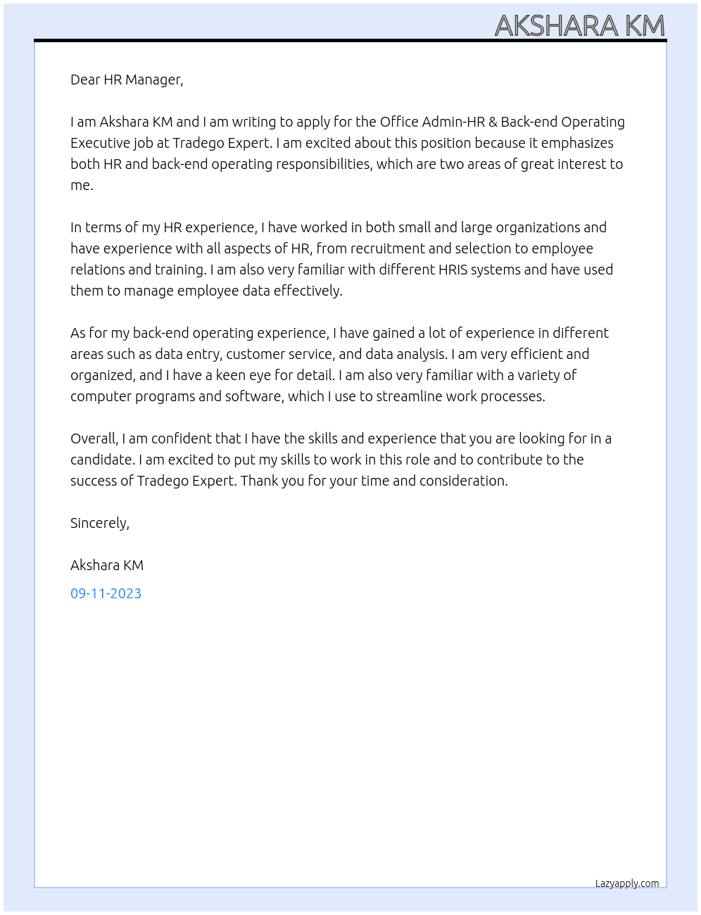 Office Admin-HR & Back-end Operating Executive job At Tradego Expert Cover Letter