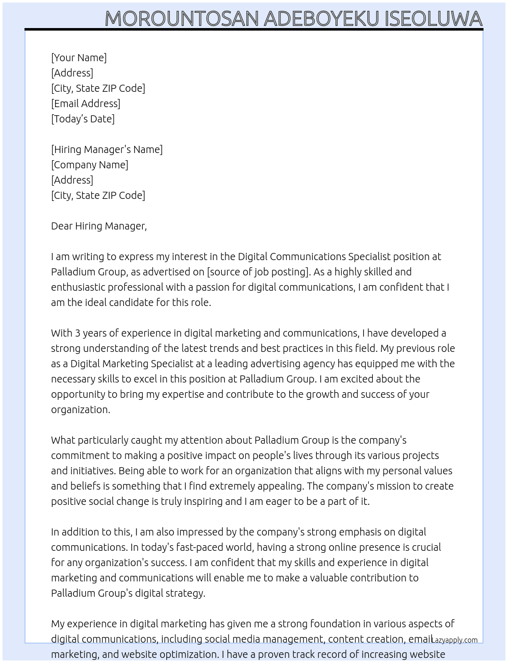 Digital Communications Specialist At Palladium Group Cover Letter