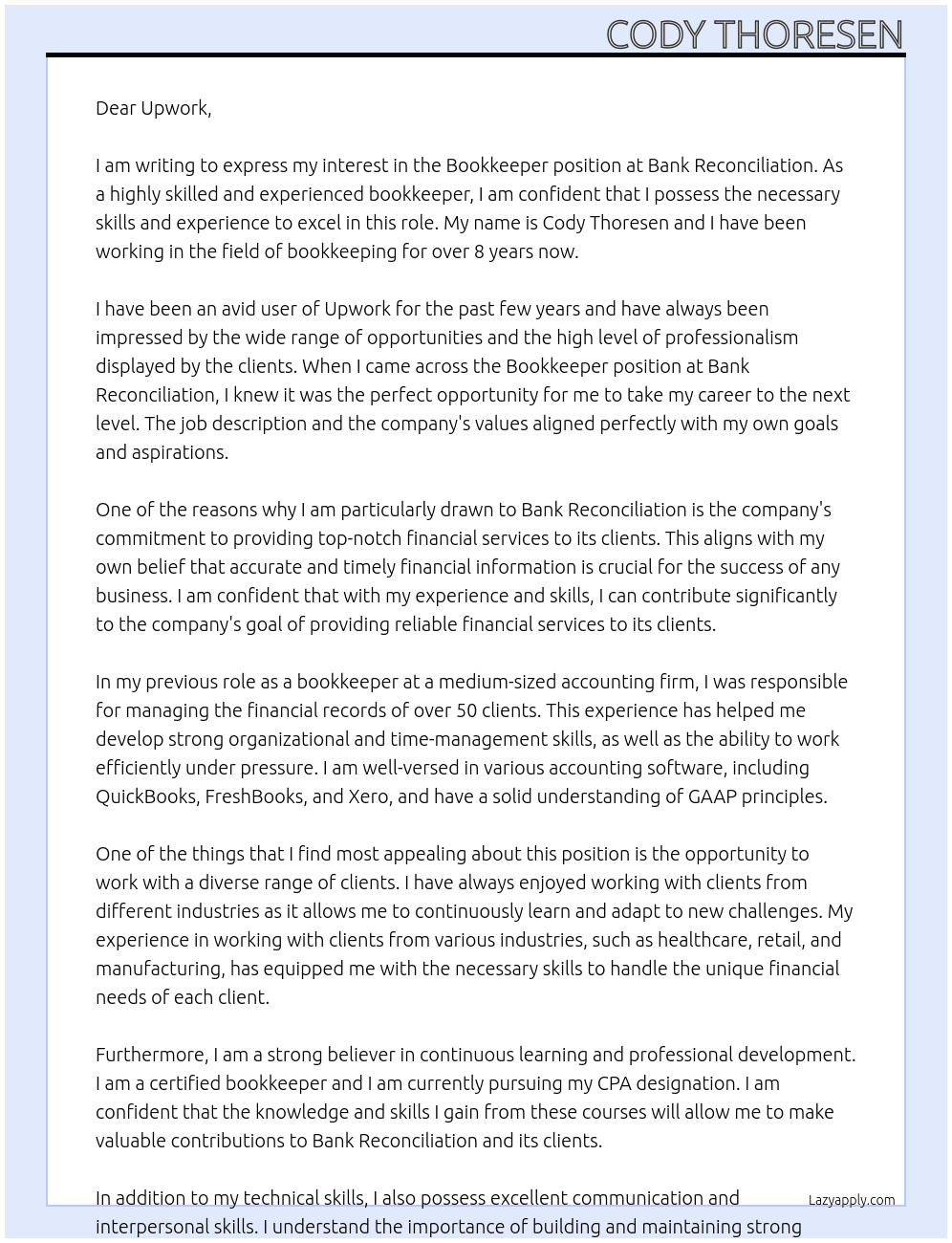 Bookkeeper At Bank Reconciliation Cover Letter