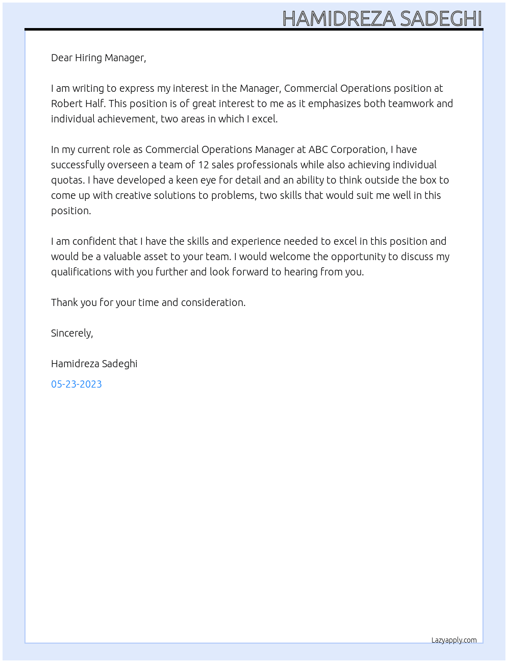 Manager, Commercial Operations At Robert Half Cover Letter