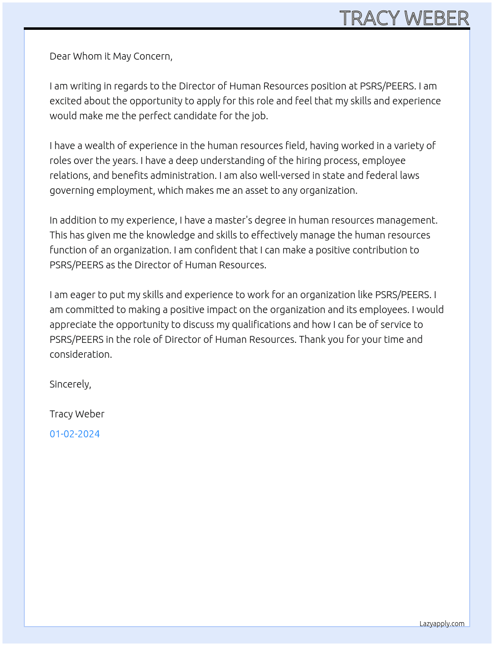 Director of Human Resources At PSRS/PEERS Cover Letter