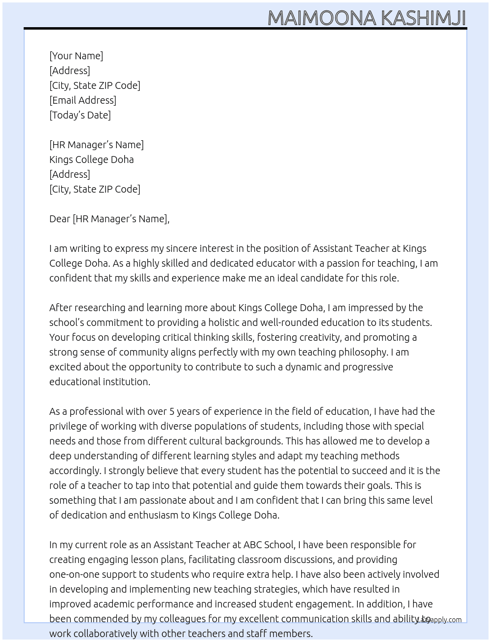 Assistant Teacher At Kings College Doha Cover Letter
