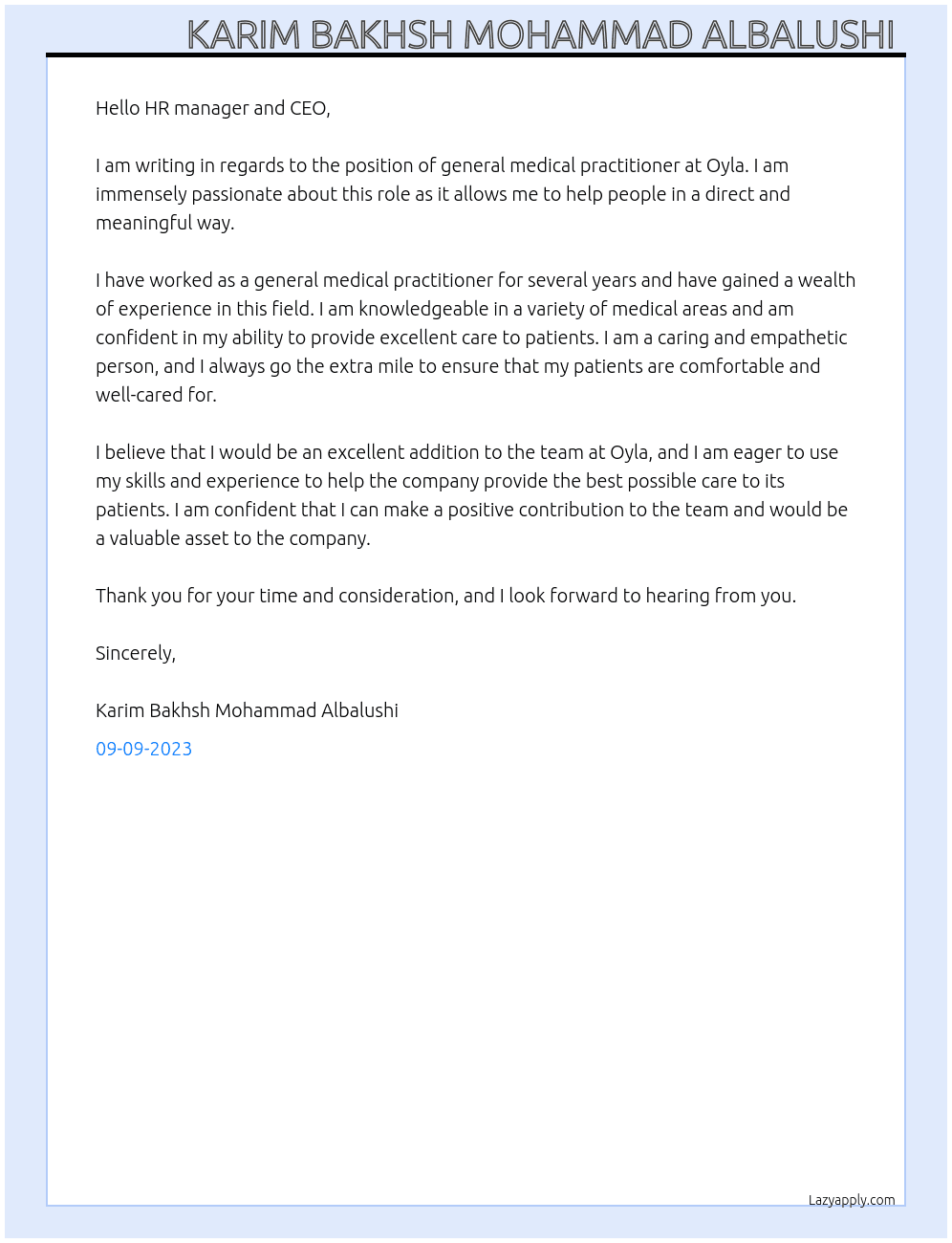 General medical practitioner  At Oyla  Cover Letter