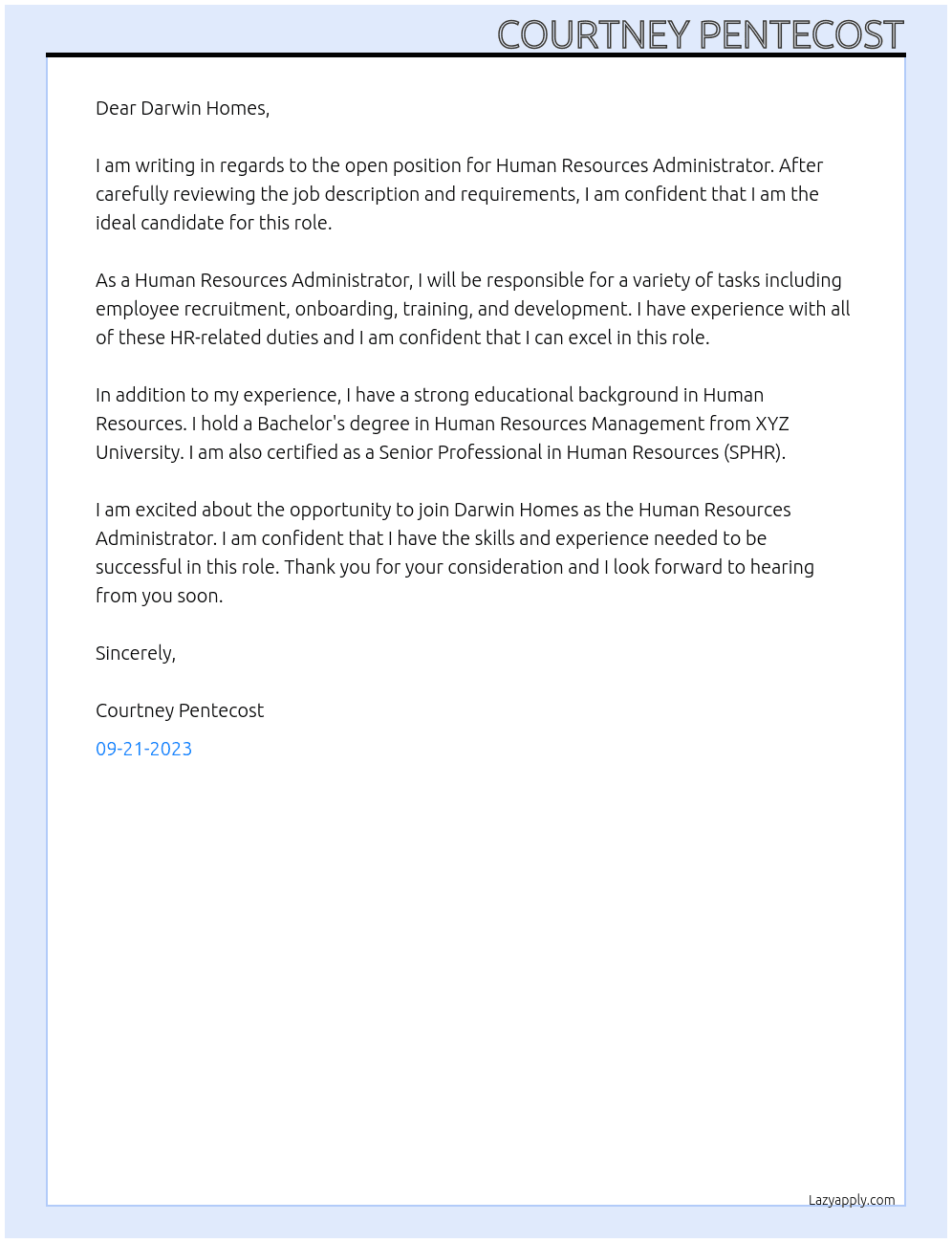 Human Resources Administrator At Darwin Homes Cover Letter