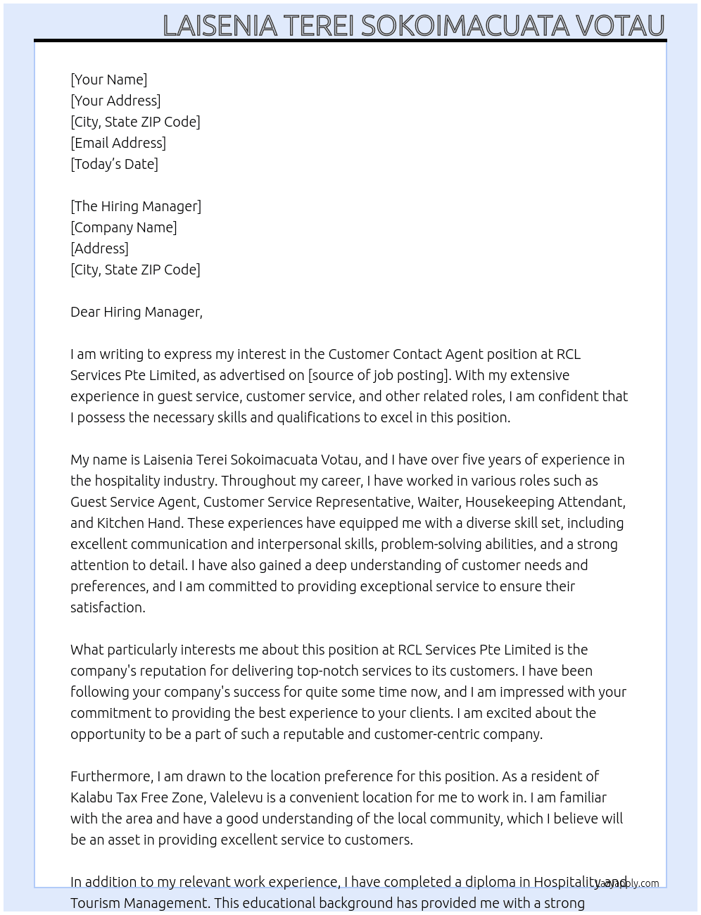 Customer Contact Agent At RCL Services Pte Limited Cover Letter