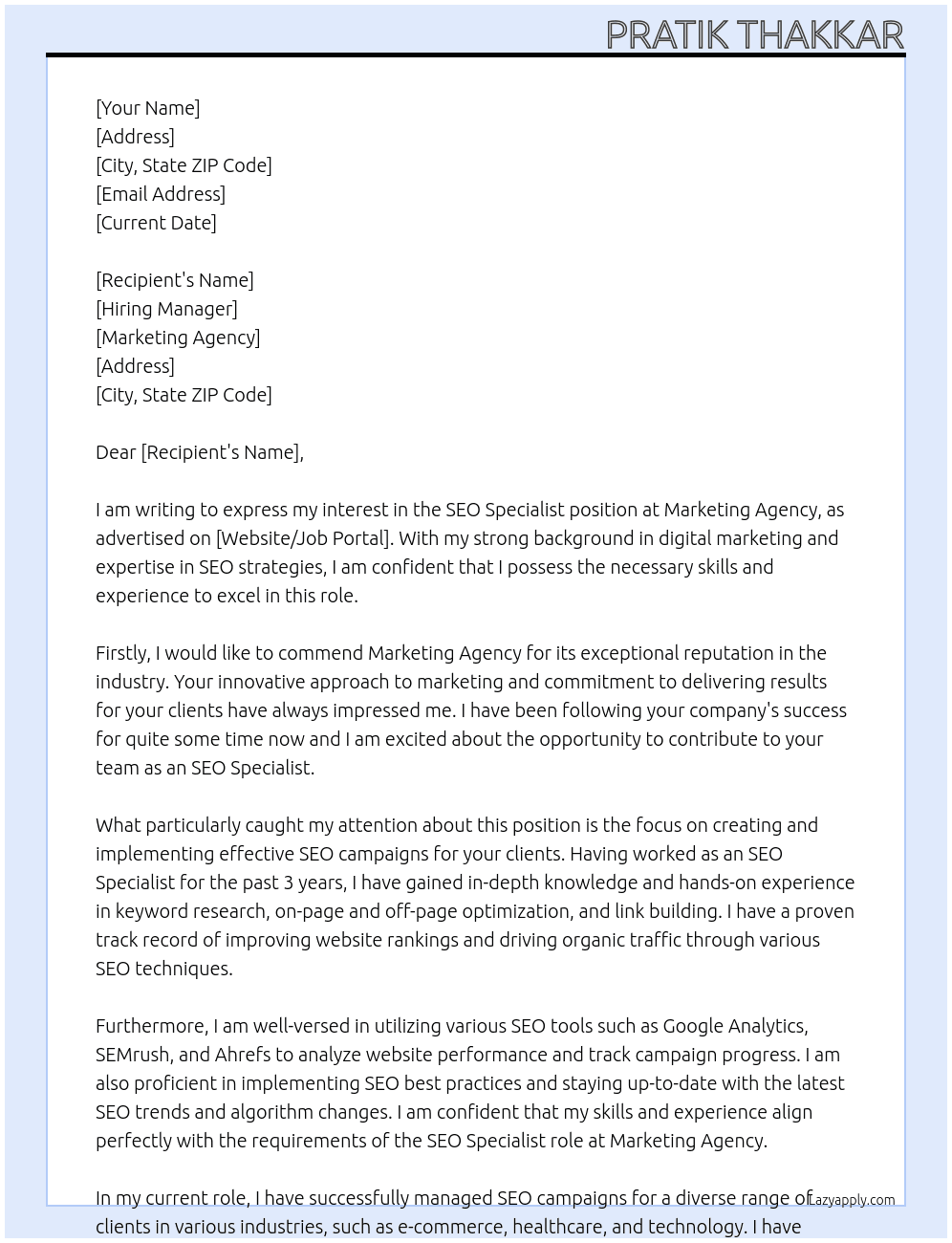SEO Specialist At Marketing Agency Cover Letter