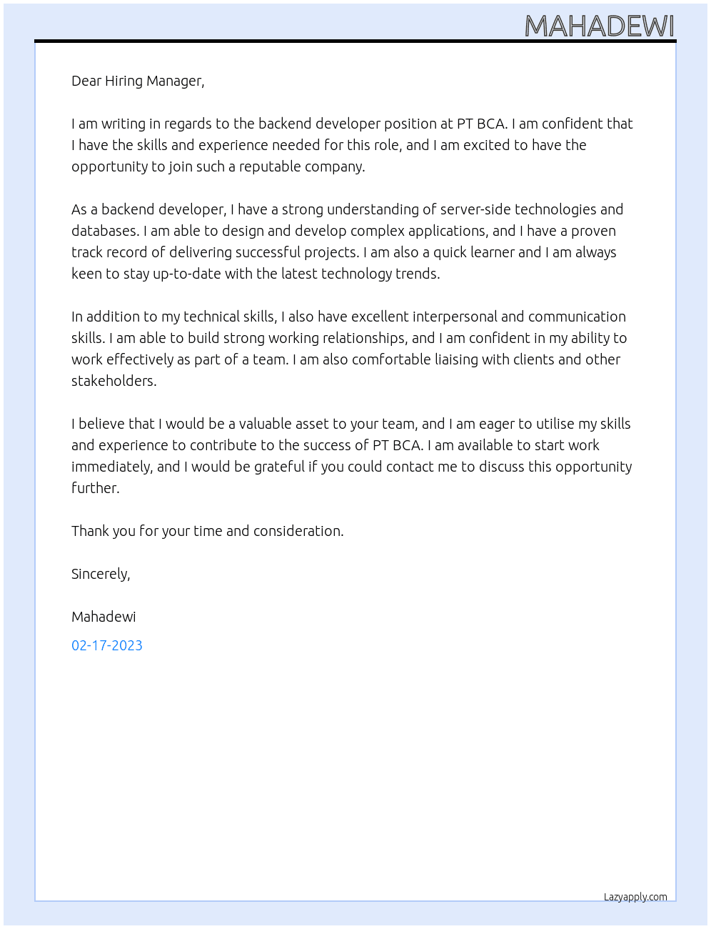 backend developer At pt bca Cover Letter