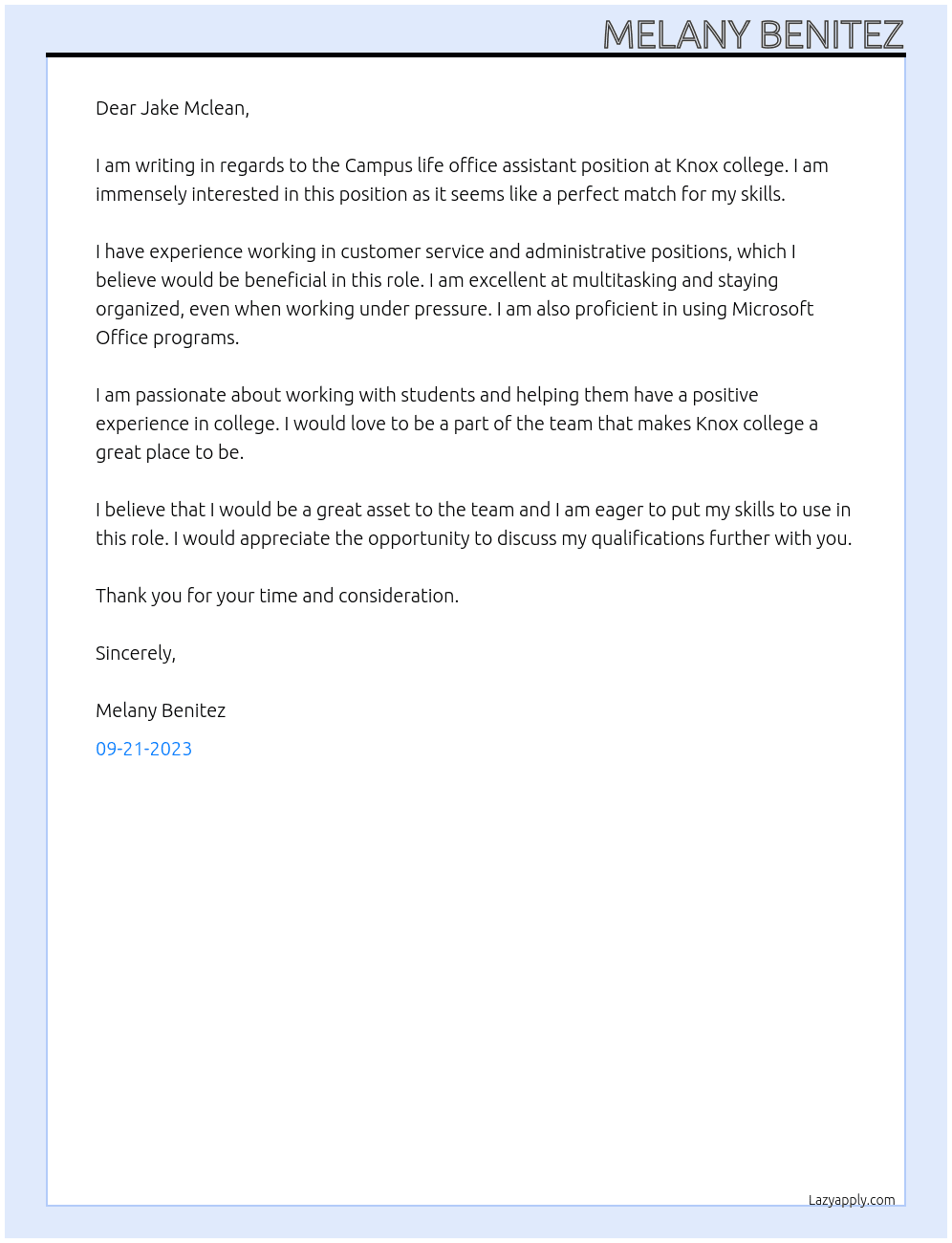 Campus life office assistant At Knox college Cover Letter