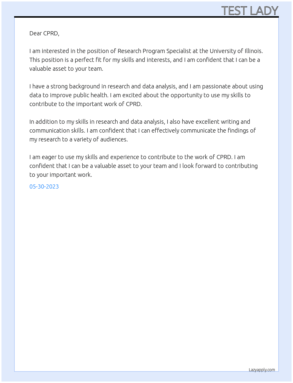 Research Program Specialist At Univesrity of Illinois Cover Letter
