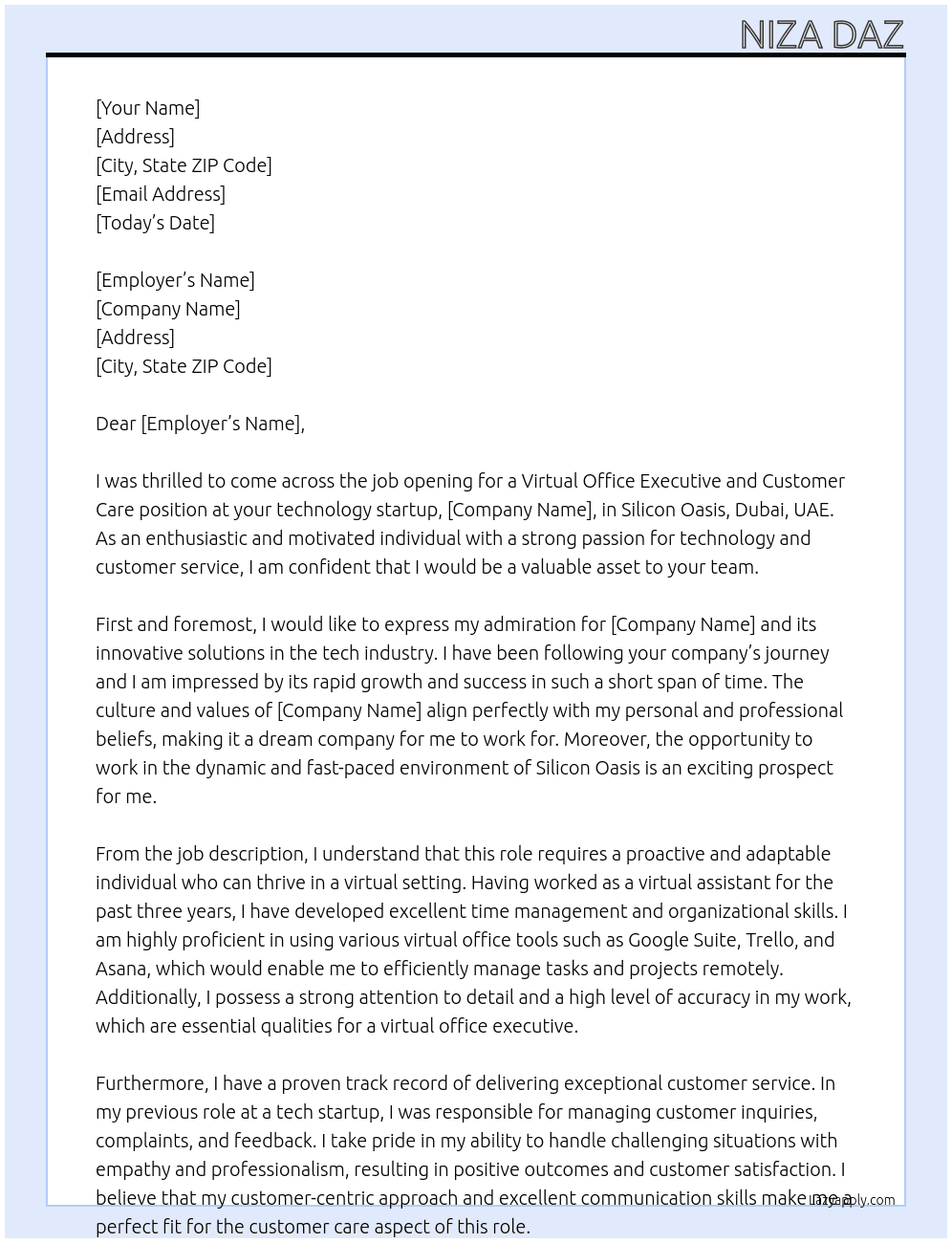 virtual Office Executive and Customer Care for a Technology startup in Silicon Oasis, Dubai, UAE At StartUp Cover Letter