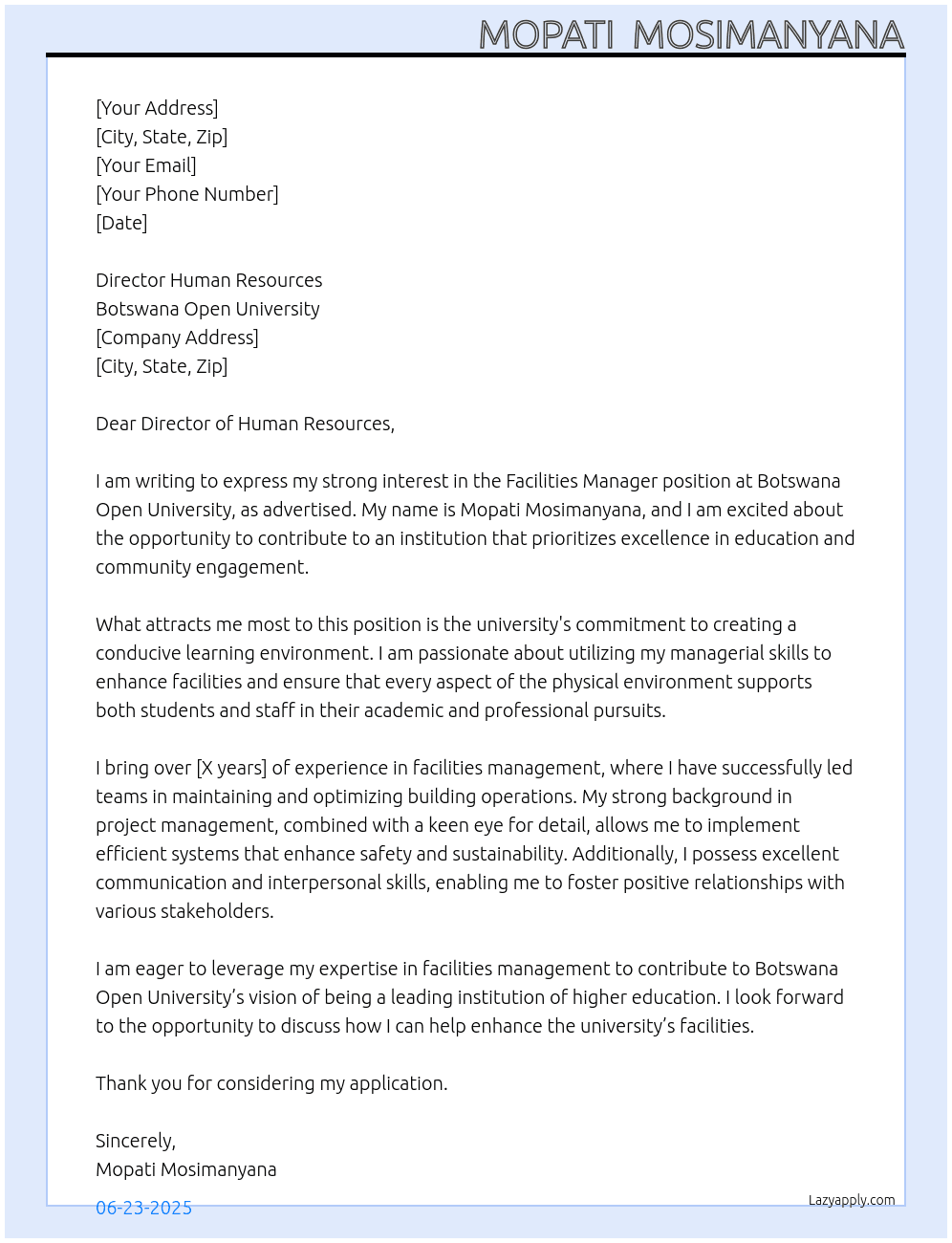 Facitlites Manager At Botswan Open University Cover Letter