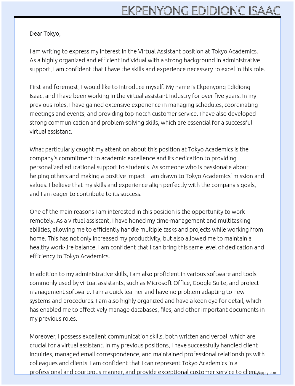 Virtual Assistant At Tokyo academics Cover Letter