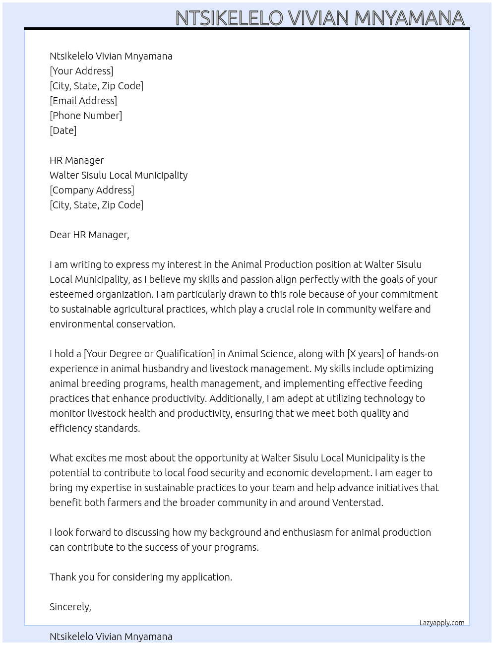 Animal Production  At Walter Sisulu Local Municipality  Cover Letter
