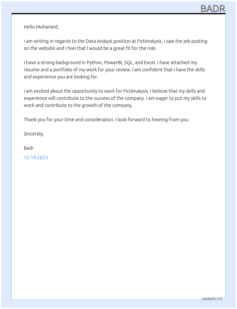 Data analyst At FictAnalysis Cover Letter