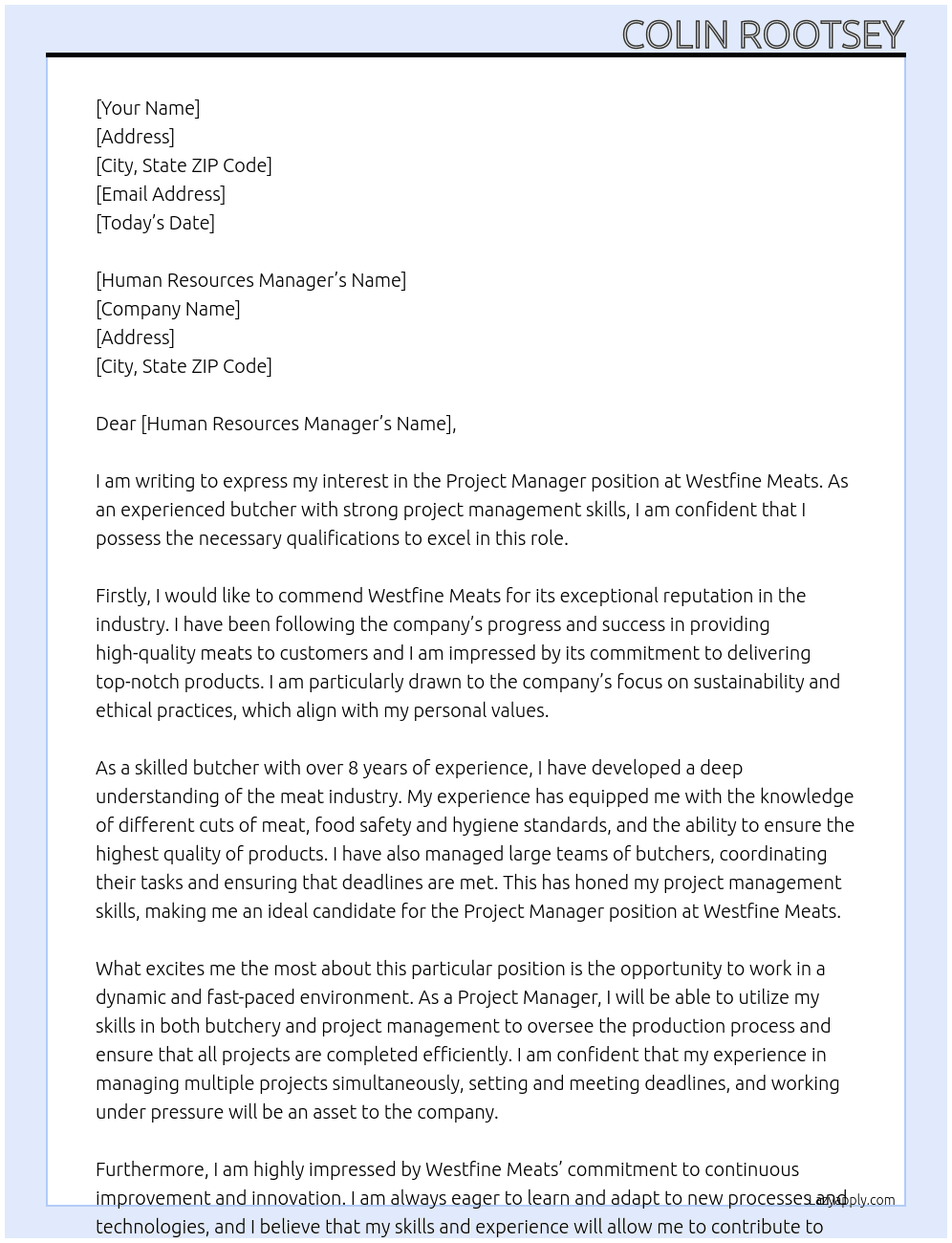 Project Manager At Westfine Meats Cover Letter