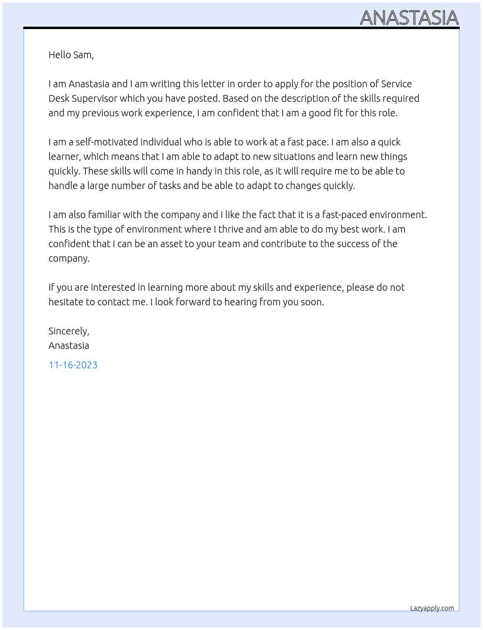 Supervisor At Service Desk Supervisor Cover Letter