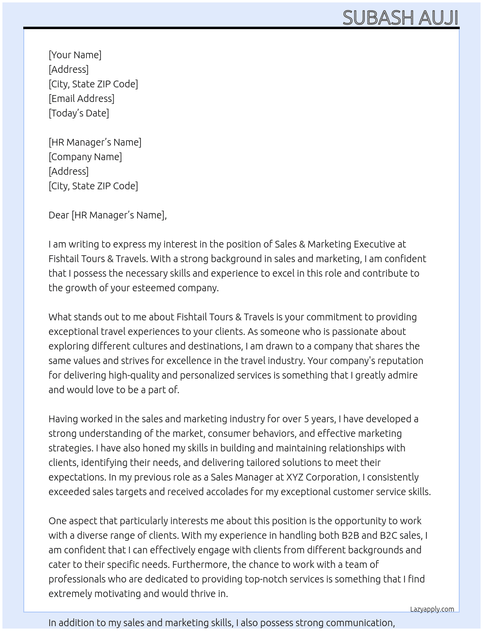 Sales & Marketing Executive At Fishtail Tours & Travels Cover Letter